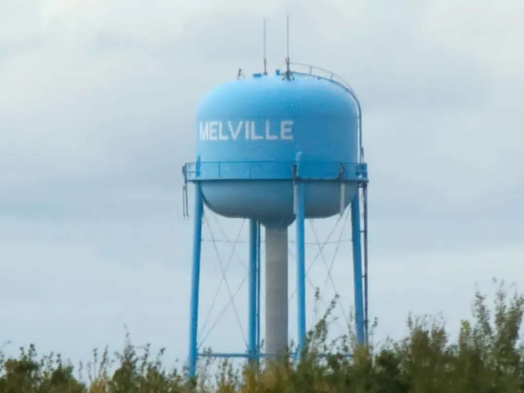 Melville water tower against the Saskatchewan prairie sky