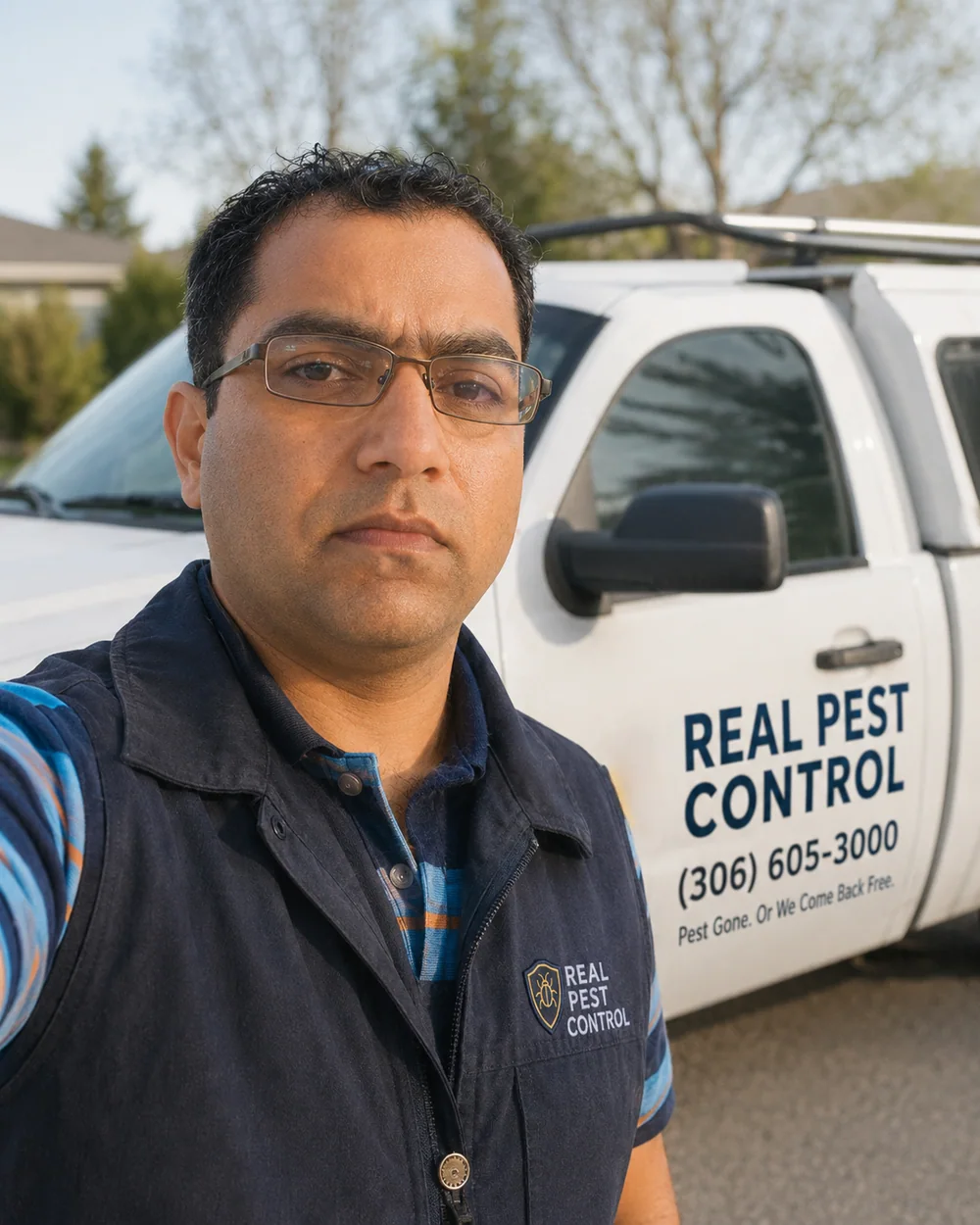 Terry Mahoney, founder of Real Pest Control, beside a branded Real Pest Control truck in Regina